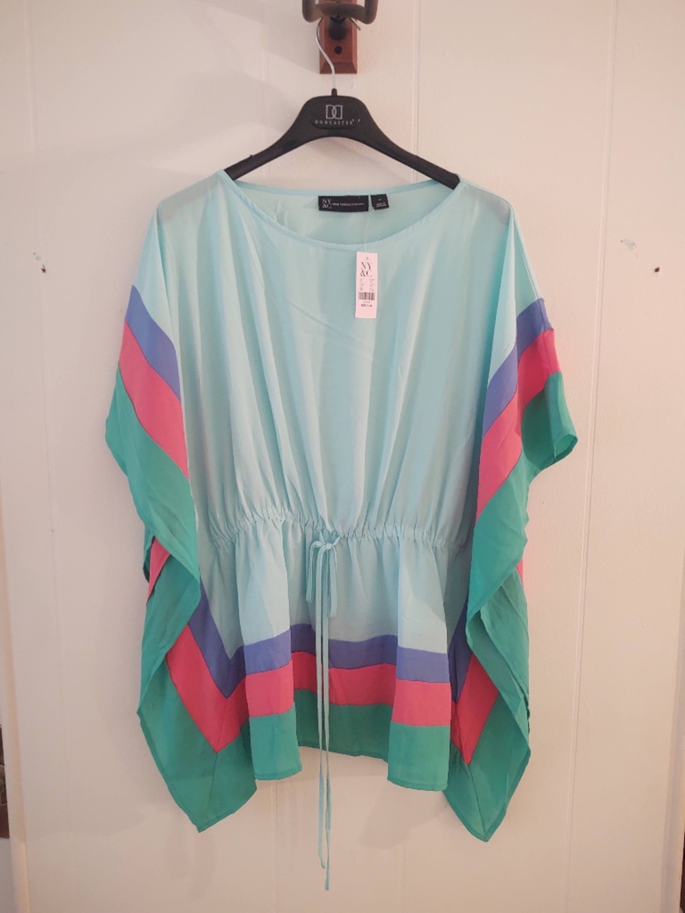 NWT NY&C M Kaftan Blue Green Pink Periwinkle Cinched Tie Waist Sheer